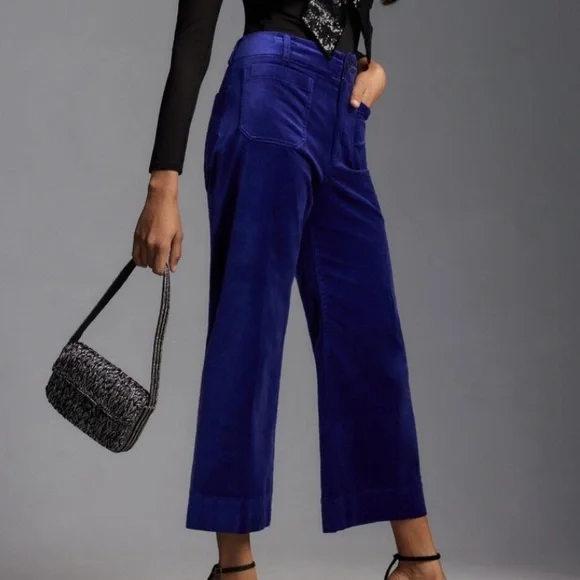 Anthropologie Maeve The Colette blue velvet cropped wide leg pants retro boho - Picture 1 of 9